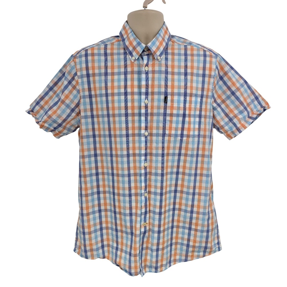 Barbour Shirt Mens Large‎ Blue Orange Plaid Tailored Fit Short Sleeve Cotton